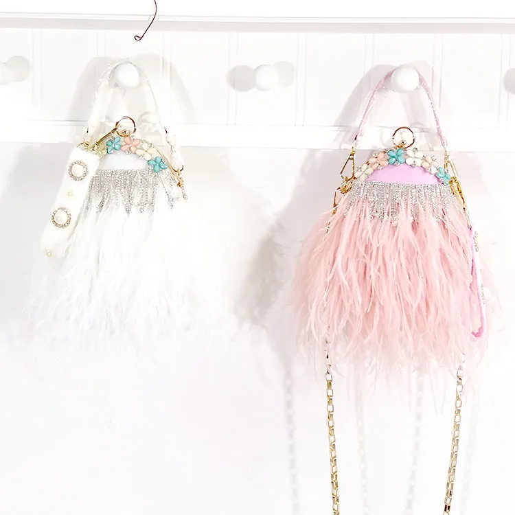 Luxury Ostrich Feather Party Clutch Evening Bag Designer Purses and Handbags for Women Rhinestone Wedding Chain Shoulder