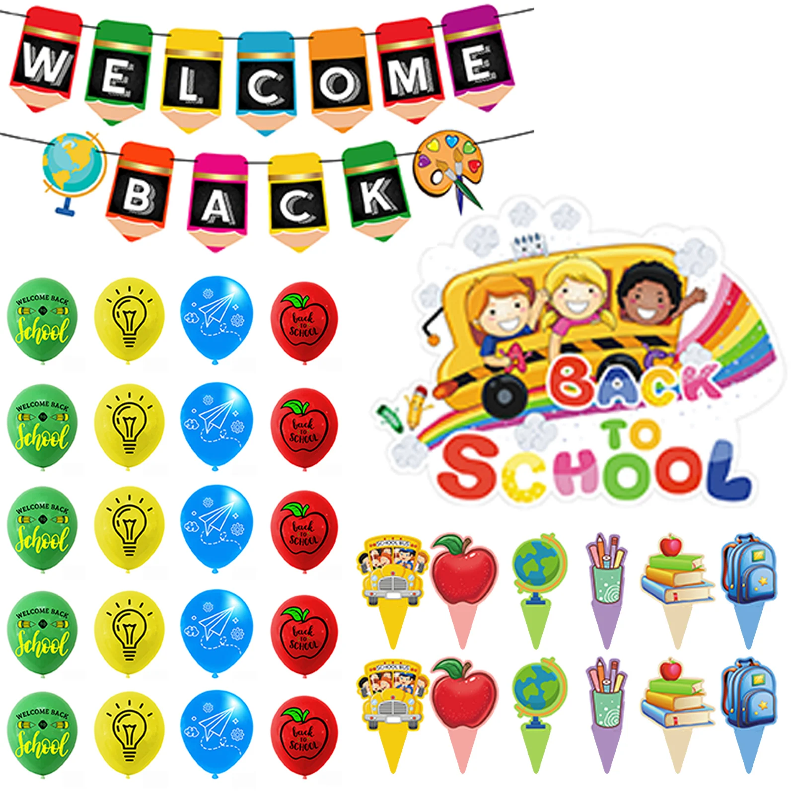

Детский набор для первого дня школы, набор воздушных шаров для тематической вечеринки, баннер, латексные шары, топперы для кексов для школы