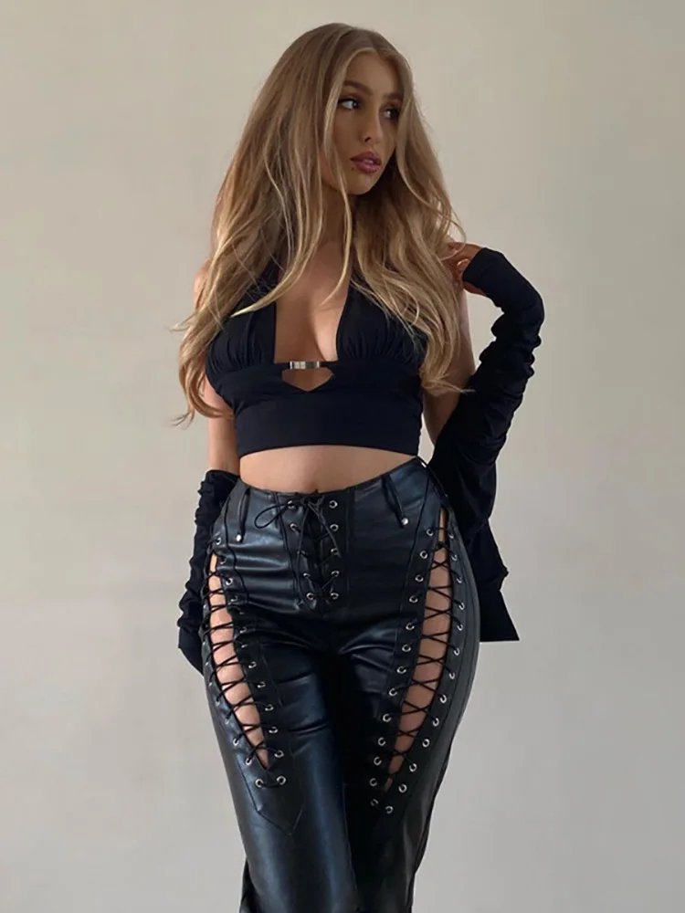 

Женские облегающие брюки из искусственной кожи Y2K, модные обтягивающие брюки на шнуровке с высокой талией для девушек, уличные стильные брюки