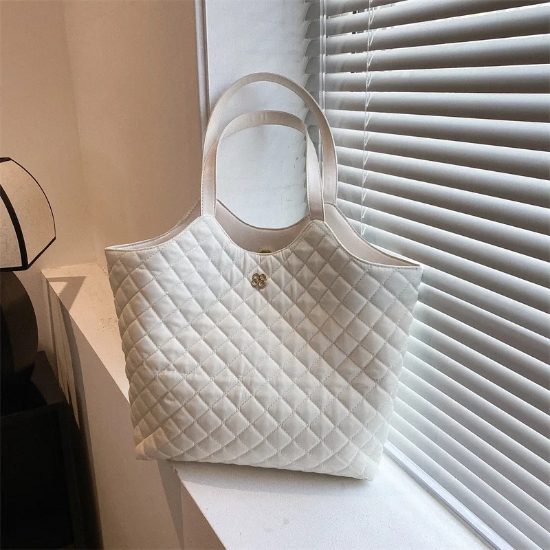 

Fashion PU Leather Tote Bag Rhombic Jacquard Letter Label Simple Style Elegant Wild Street Female Women Large Handbag