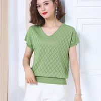 green bright silk thin t shirt women 2022 summer knitted tops female casual loose tshirts short sleeve t shirt tee shirt femme
