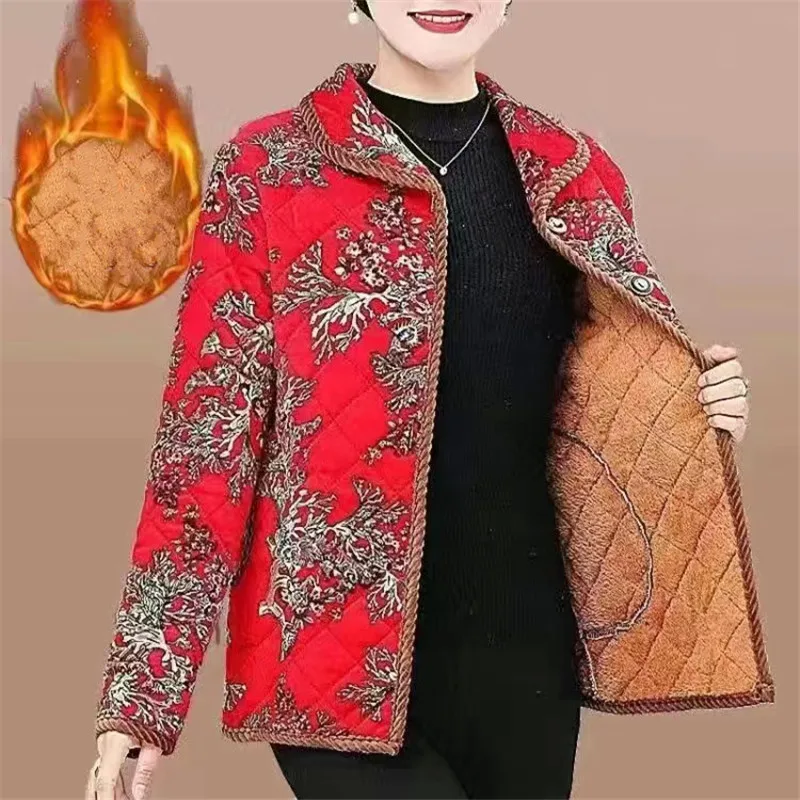 Fdfklak New Printed Retro Middle Aged Mother Plus Velvet Coat Winter Jacket Women Short Thick Warm Grandma Parkas XL-5XL