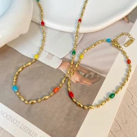 2022 colorful enamel oval shape stainless steel beads necklace for women exquisite green beaded choker collar bracelet jewelry