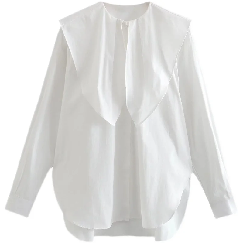 

SuperAen Long Sleeve College Style Lotus Leaf Collar Loose Blouses for Women Fashion 2022 White Shirt