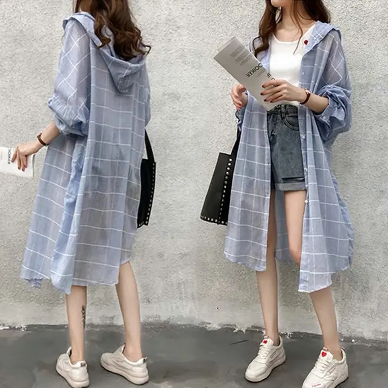 

Spring Summer Loose Lazy BF Plaid Blouse Women's Medium Long Top Female Silk Hooded Blouse Baggy Coat for Women 2022 New Fashion