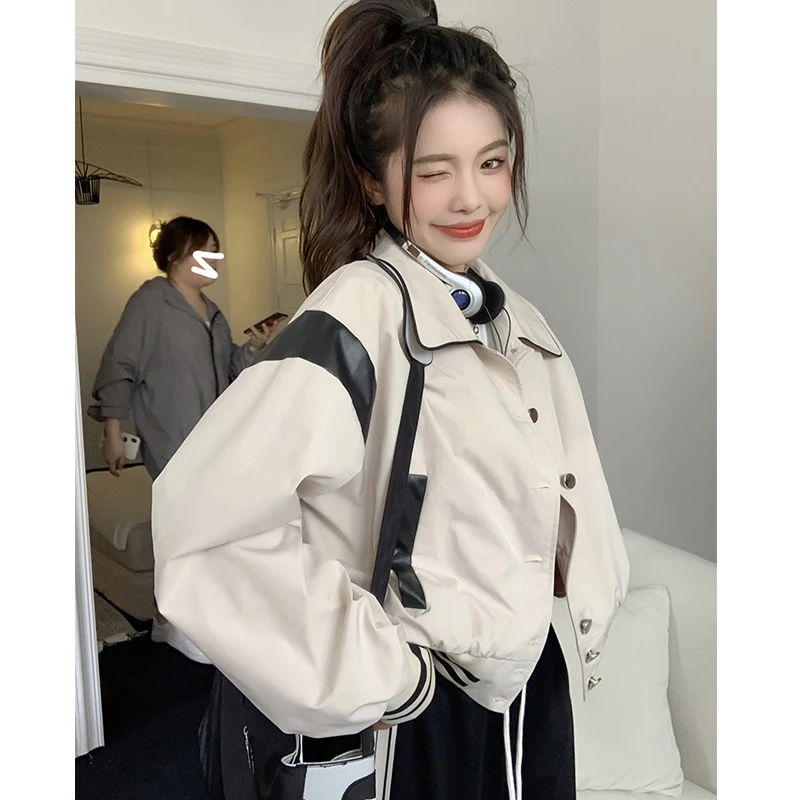 

WDMSNA Contrast Color Stitching Jackets for Women Short Baseball Jacket Round Neck Coat Womens New Loose Long Sleeve Jackets