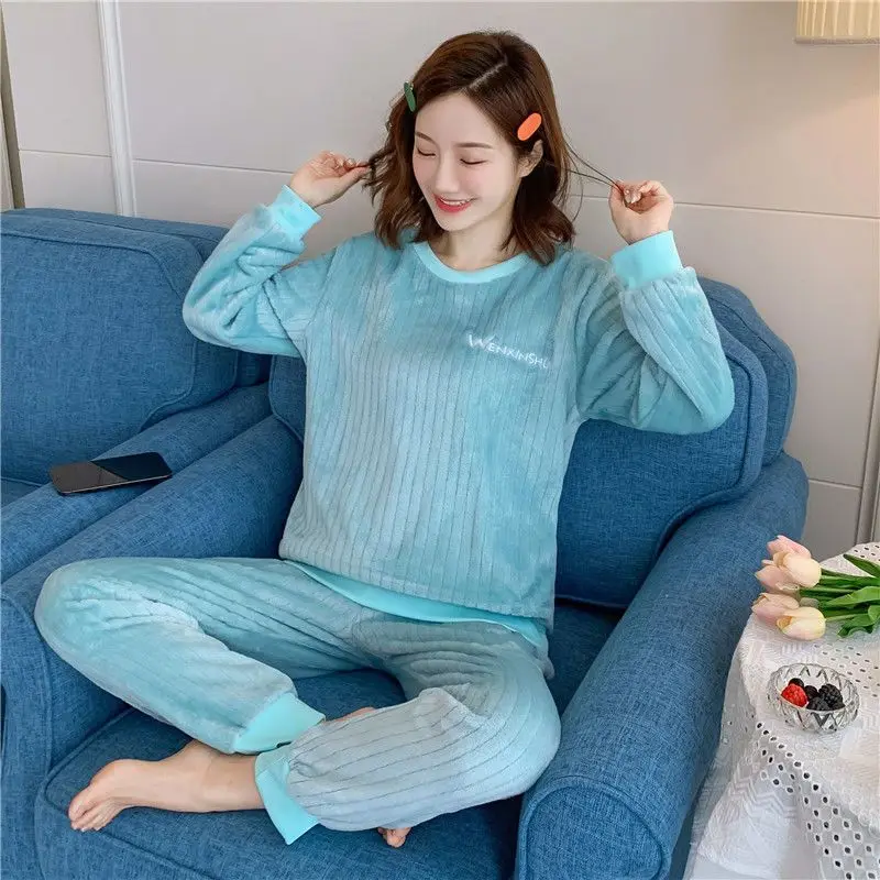 Women's Winter Warm Flannel Pajamas Set Korean Elegant Loose Cute Cartoon Sleepwear Home Clothes Two-piece Suit Femlae Pijama