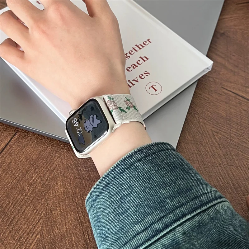 

Retro Embroidery Strap For Apple Watch Band 49mm 41mm 45mm 40 44mm 38 42 For iwatch Series 8 7 SE 6 5 4 Correa Canvas Watchband