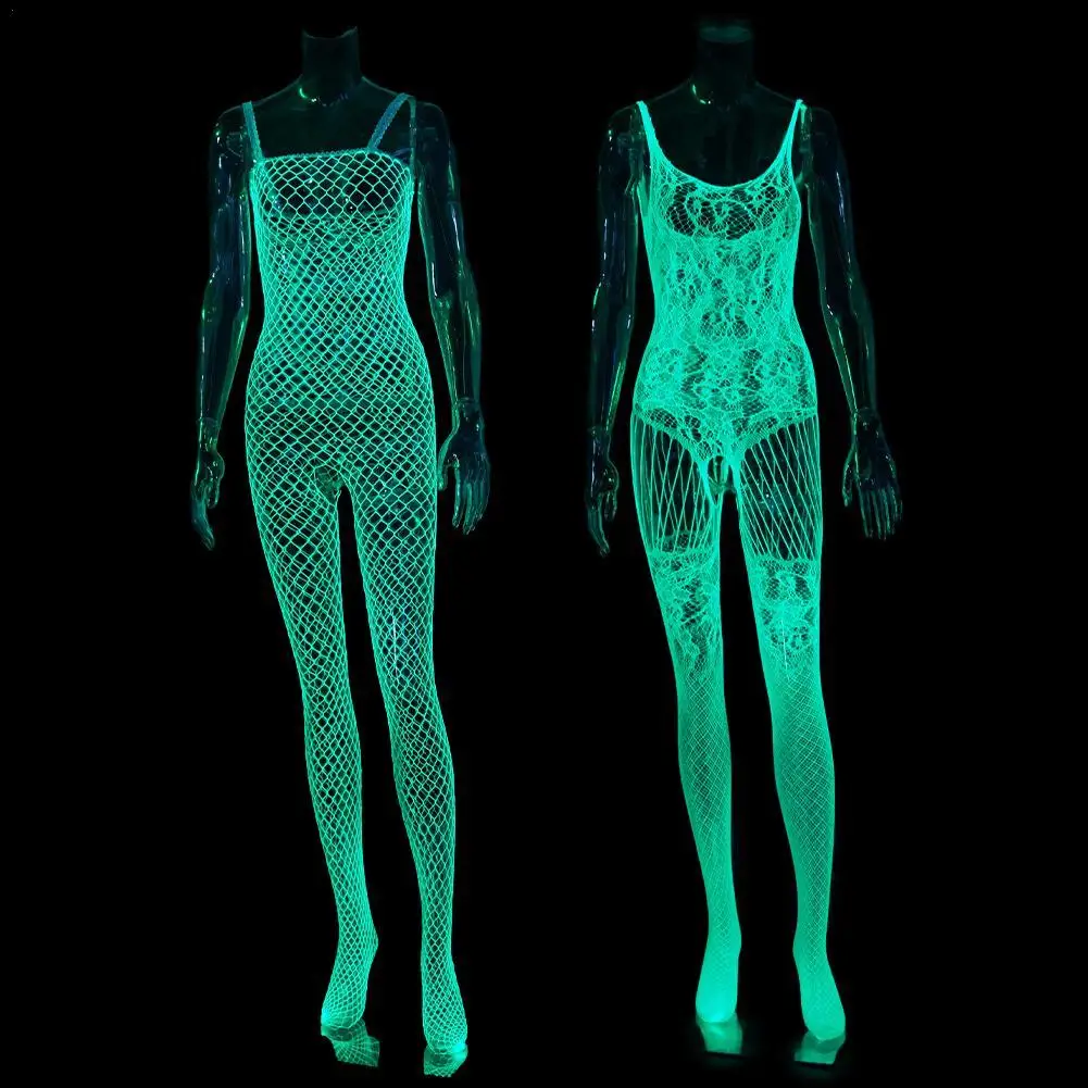 Luminous Fishnet Stockings For Women Glow In The Dark Lingerie Fishnet Mesh Leggings Tights Sexy Sheer Bodycon Jumpsuit Clubwear