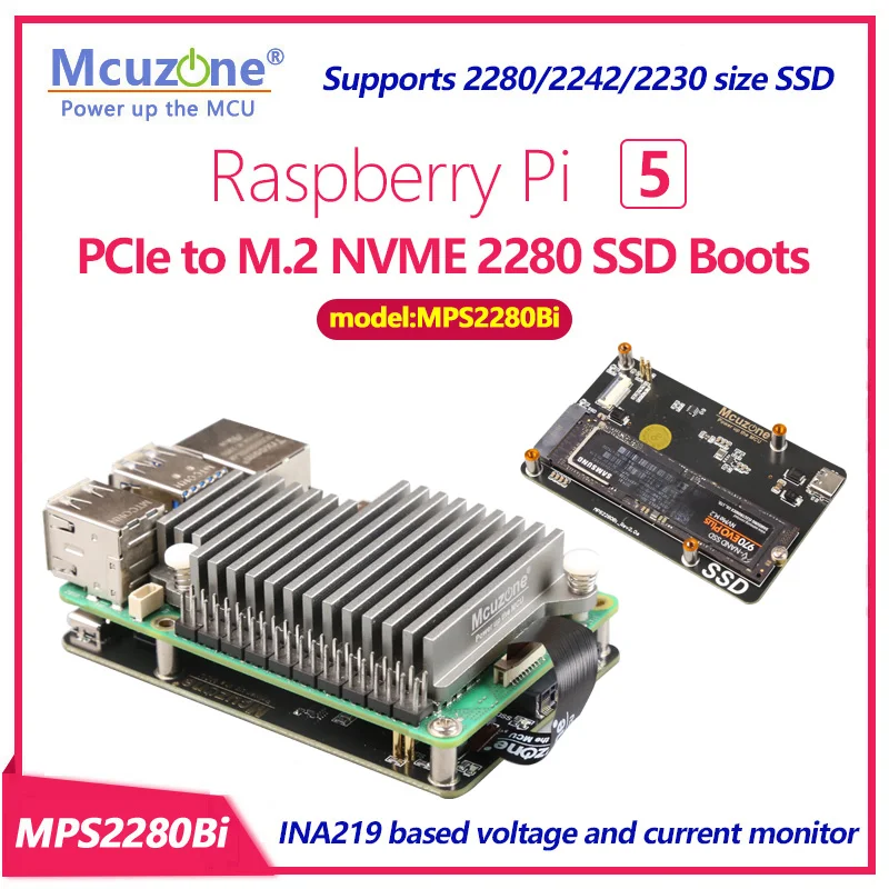 MPS2280Bi Raspberry Pi 5 PCIe на M.2 NVME 2280 SSD сапоги INA219 основе напряжения и тока monit поддерживает