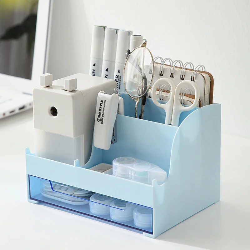

Large Capacity Desk Accessories Pen Holder With Drawer. Pencil Storage Box Desktop Organizer School Office Stationery
