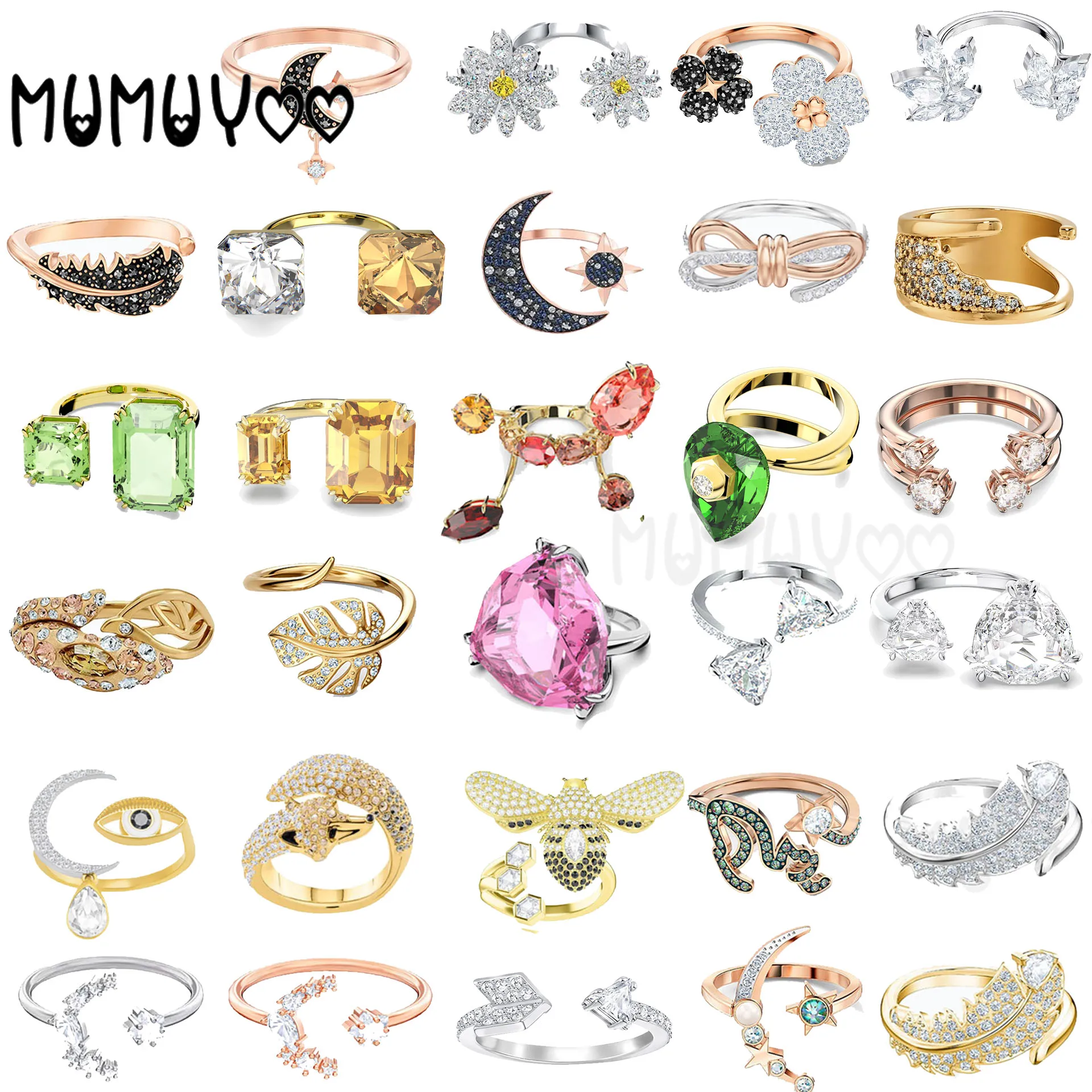 

Fashion Jewelry SWA Original Charm Moon Star Clover Feather Fox Daisy Eye Cupid Arrow Crystal Opening Ddjustment Ring For Women