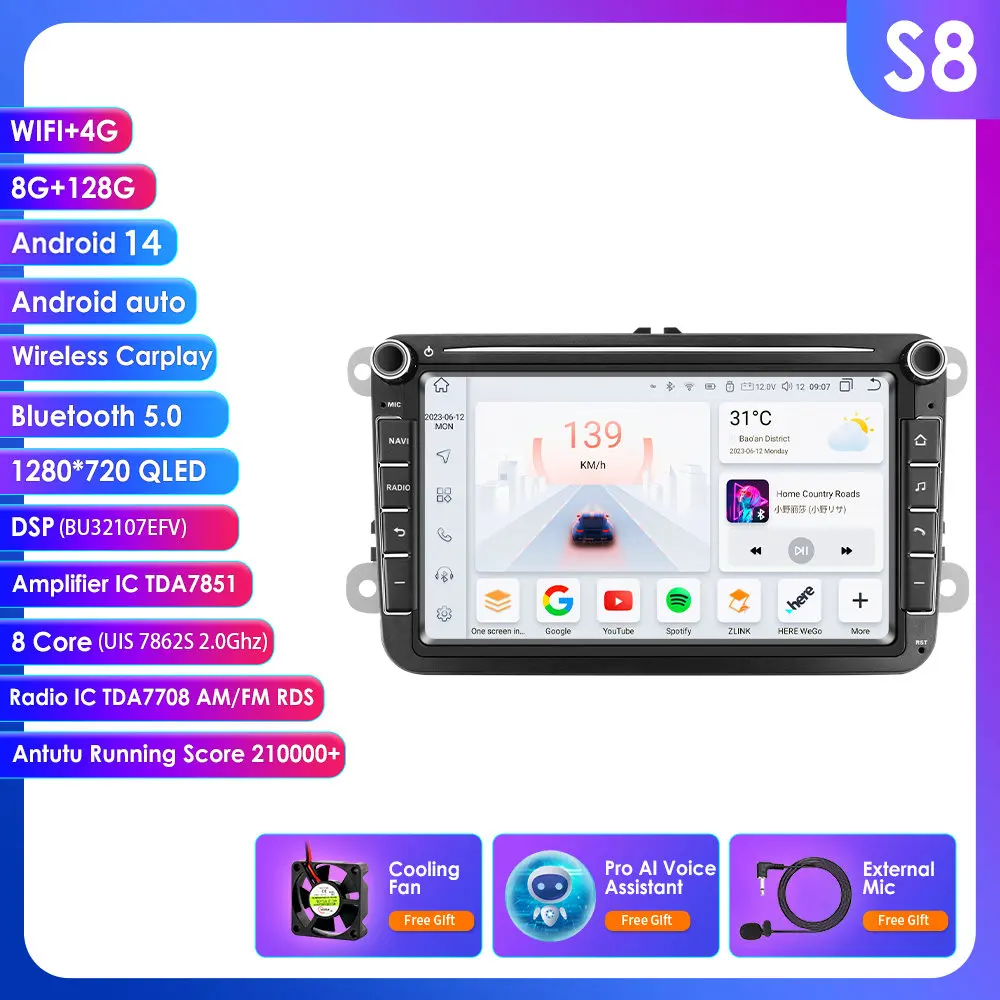 

4G + 64G Android 14 8/Octa-Core 2DIN АВТОМОБИЛЬНЫЙ GPS-ПЛЕЕР для Seat Altea Leon Toledo VW Passat POLO Golf 5 6 Touran Passat Радио Стерео