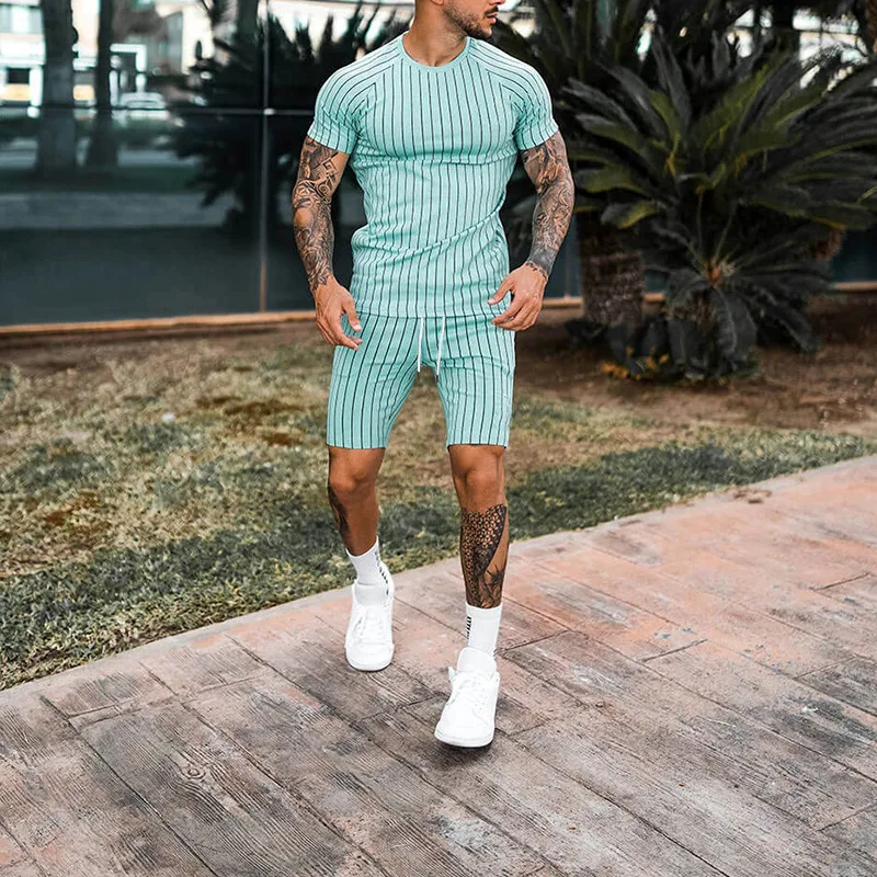 Men's Suit 2023 Summer New Stripe Print Short Sleeve T-shirt and Shorts Two Piece Sets Sports Male Tracksuit Ropa Para Hombre