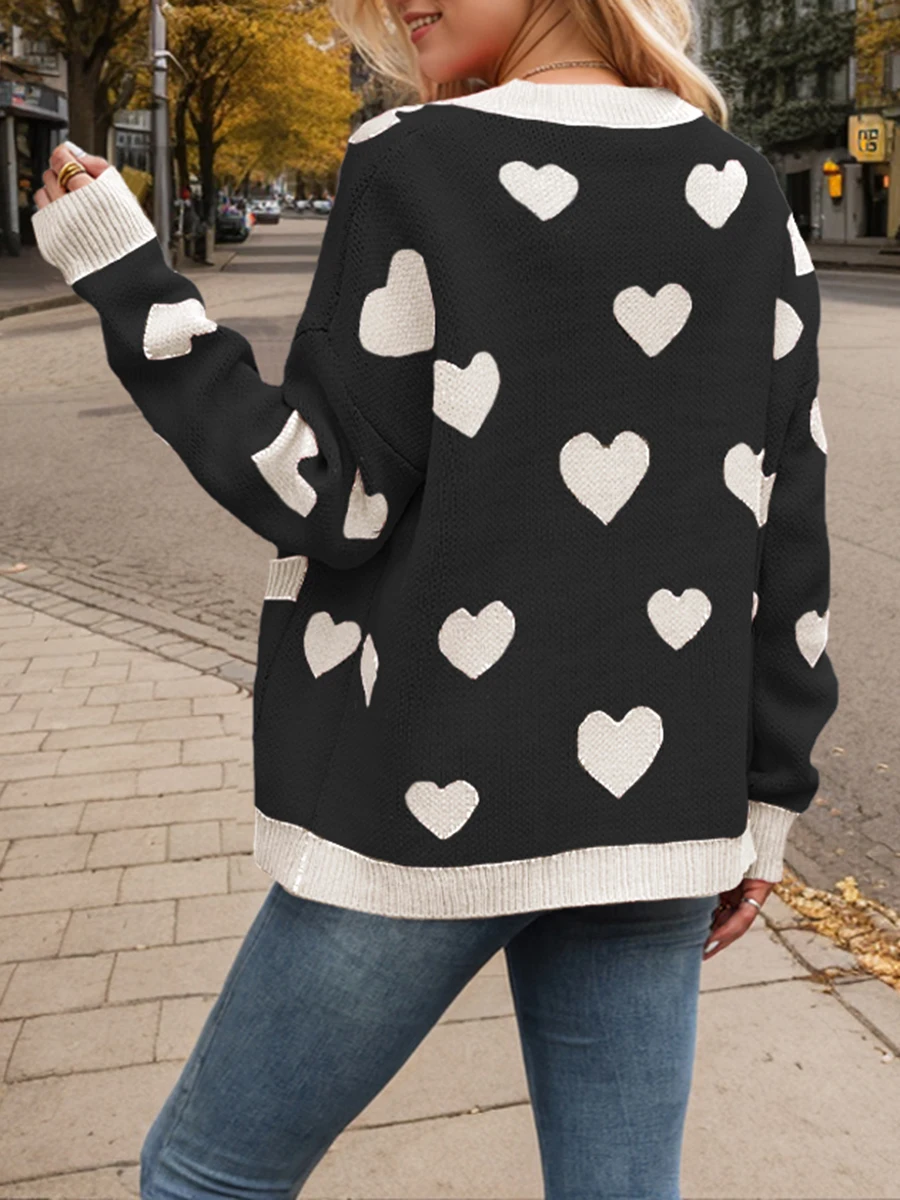 Женский вязаный кардиган на пуговицах с принтом сердца и длинным рукавом