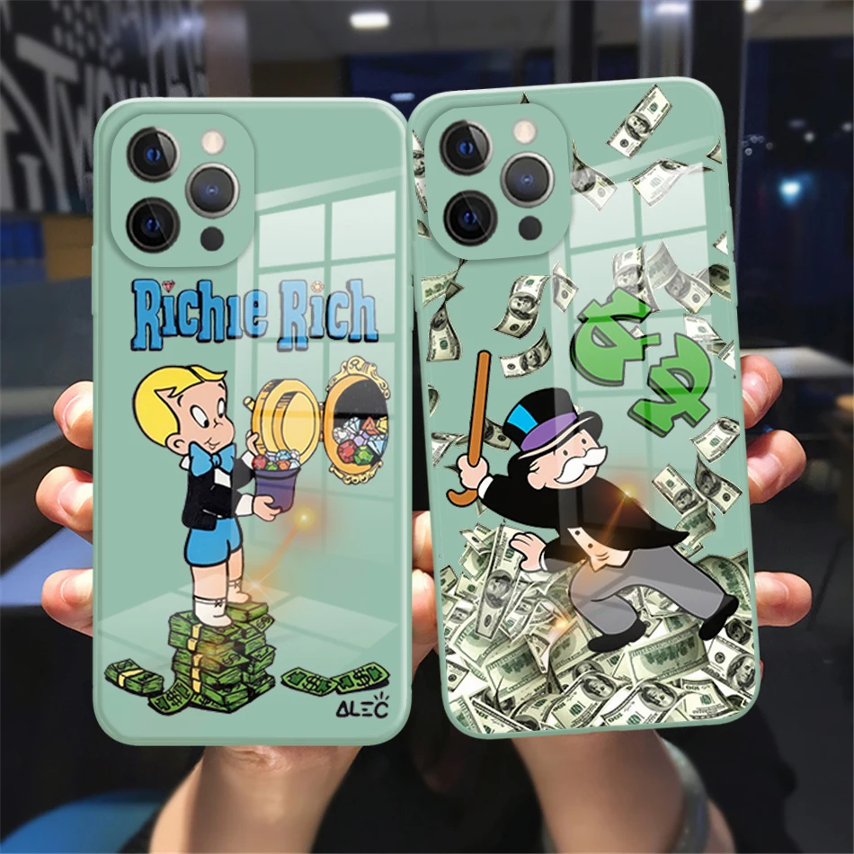 

Cartoon Dollar Alec Monopoly Glass Phone Cover For iPhone 11 12 13 14 Pro Max X XR XSMax 8 14 Plus 13Mini Soft Bumper Back Cover