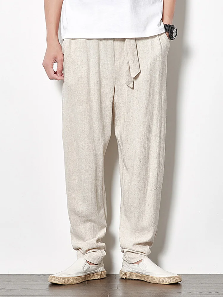 

Long Trouser Elastic Waist Trousers Basic All Match Lady Male Streetwear Pants Sweatpants Summer Mens Solid Color Linen Pants