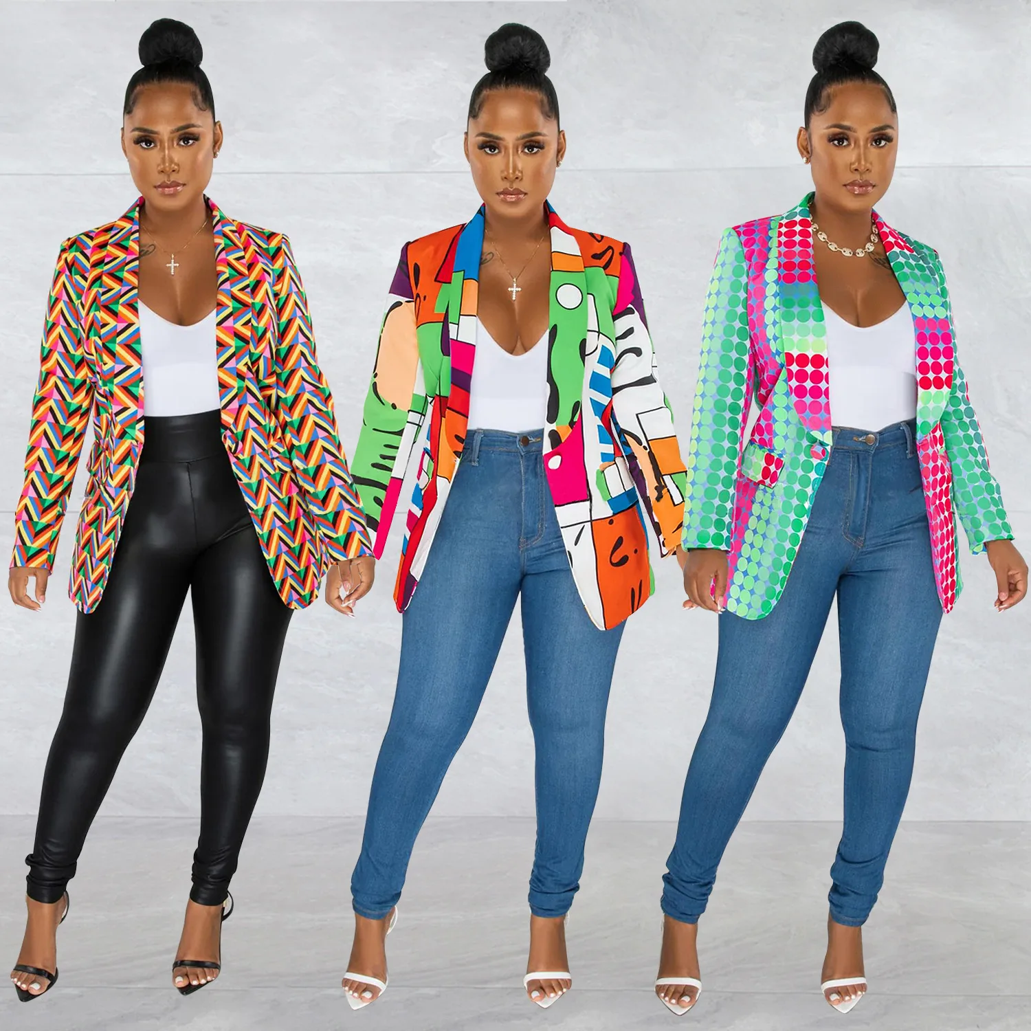 Womens Turn-Down Collar Long Sleeve Print Blazer Autumn Single Button Temperament Elegant Style Commuter jacket coats