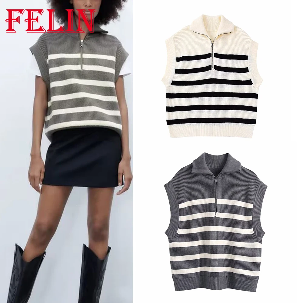 

TRAF Autumn Woman Fashion 2022 Sleeveless Stripe Vest Sweater Lapel Soft Casual Waistcoat Zipper Loose Comfort Pullover