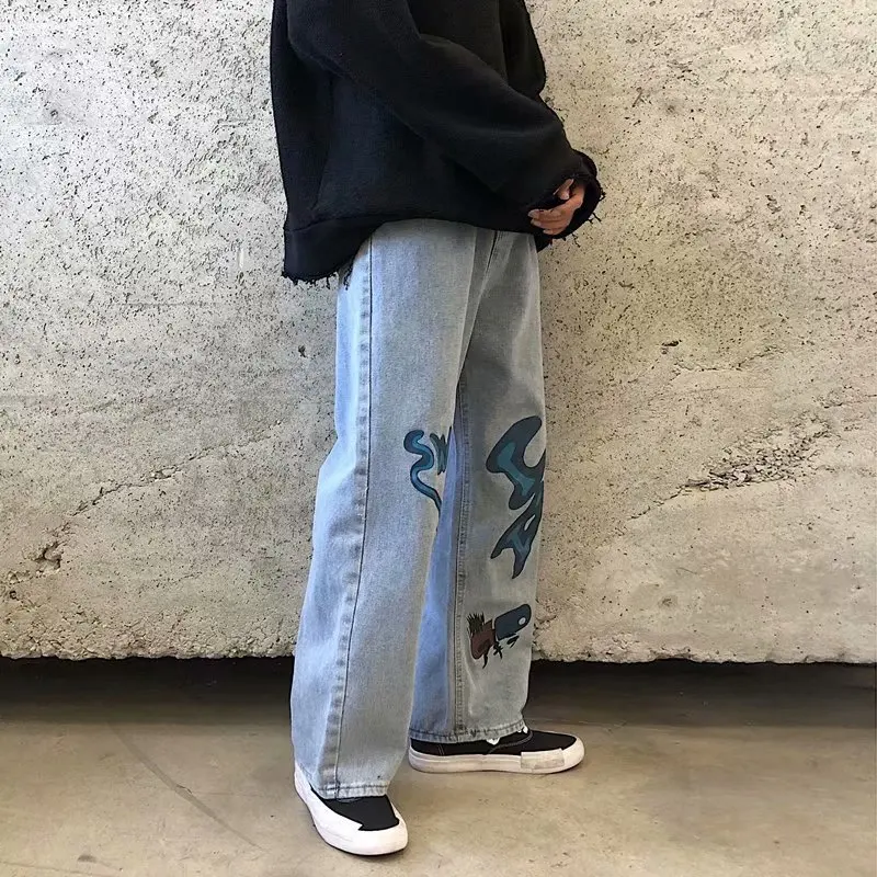 2022 New Arrivals Graffiti Hip Hop Men Straight Jeans Trousers Streetwear Male Casual Baggy Denim Pants Korean Style Pantalones