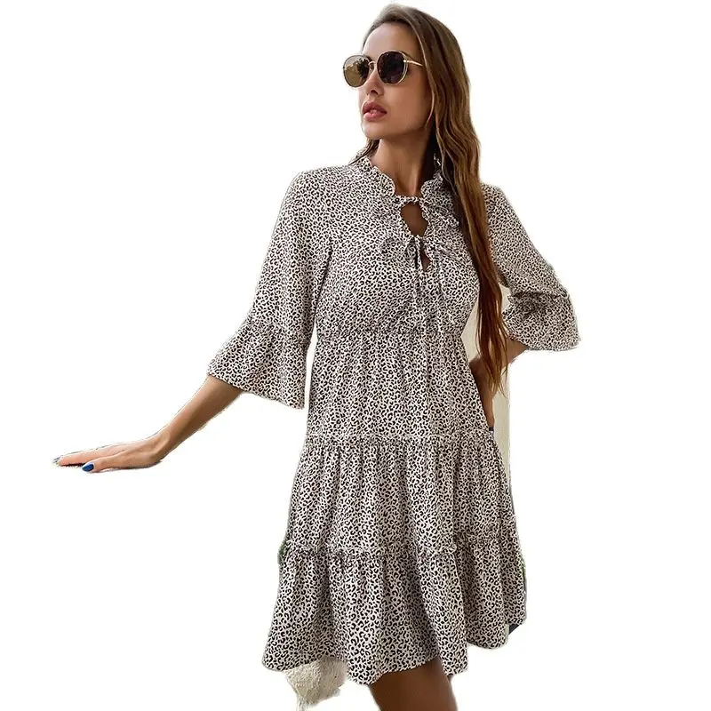

Summer Beach Elegant Fashion Zebra Print Round Neck Fungus Trim Three Quarter Sleeve Slim Dress Luxurious Dance Floor Party
