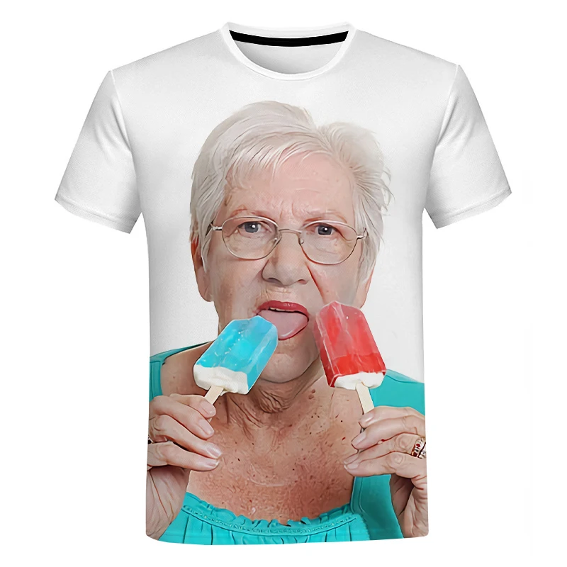 

New Fashion Senior Lady Licking A Red Popsicle 3D Print T-shirt Kawaii Grandmother Funny Popsicle Tee Man And Women Casual Tops