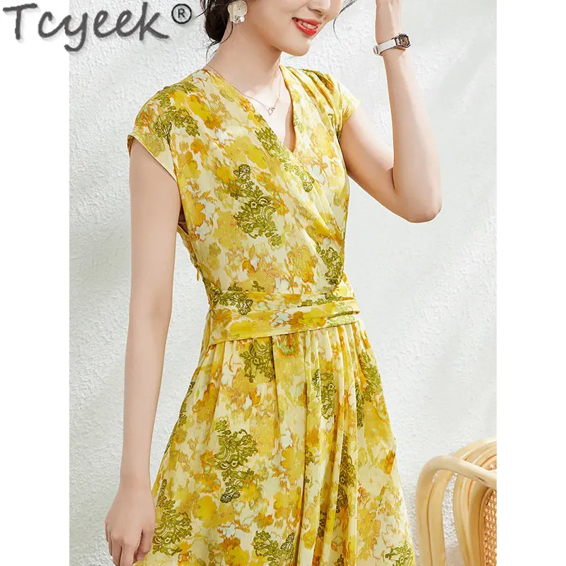 Tcyeek 100% Real Mulberry Silk Summer Dresses French Style Print Dress Elegant Woman Dress 2023 Womens Clothing Vestido Mujer