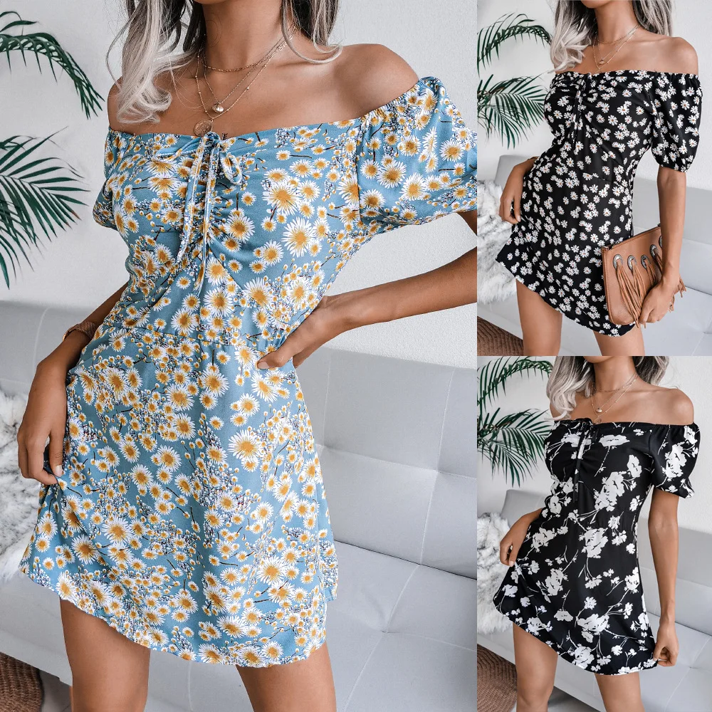 

Bohemian Vintage Floral Print Dress Off Shoulder Chiffon Sexy Summer Beach Casual Elegance Party Midi A-LINE Cheap Clothing 2021