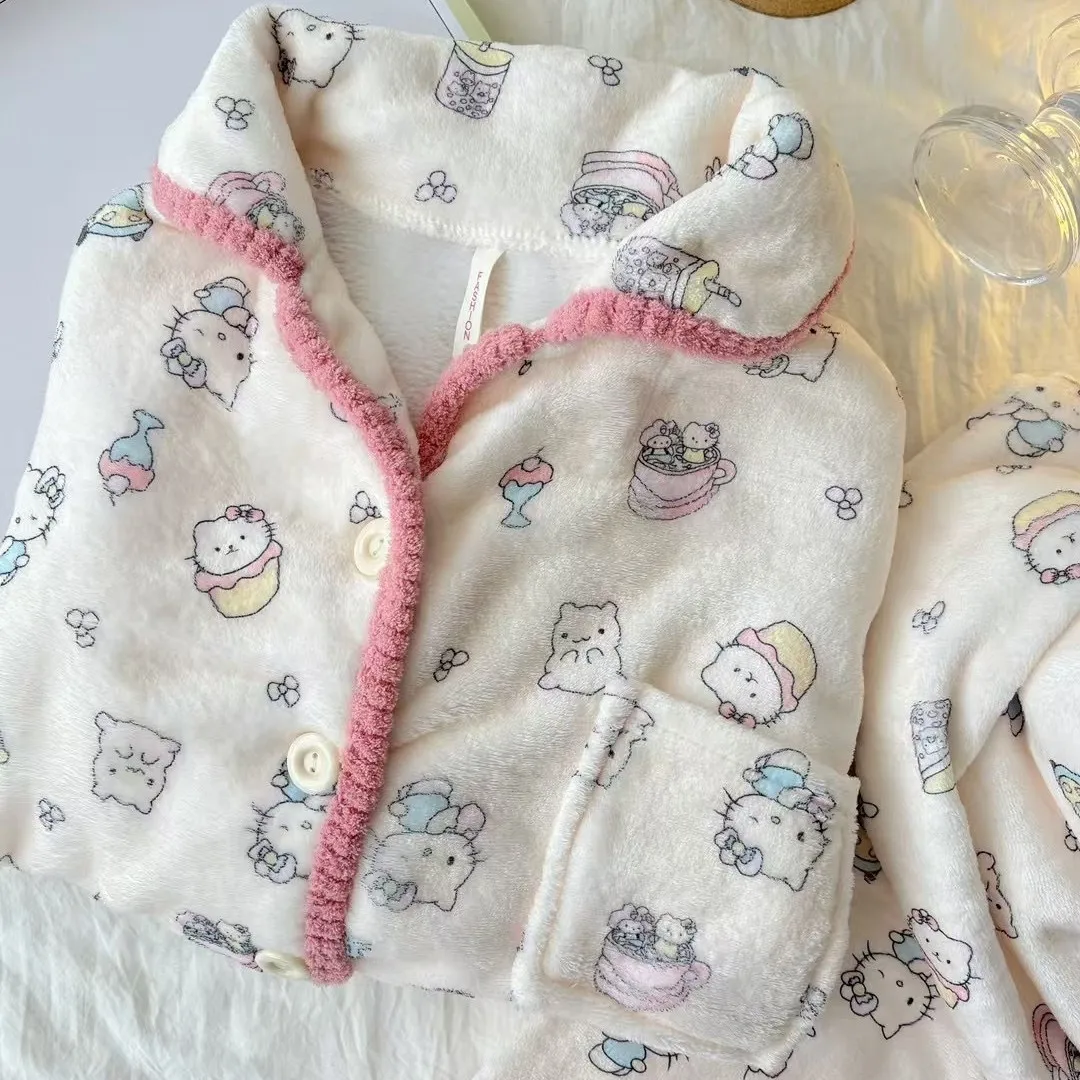Новый пижамный комплект Sanrio Hello Kitty с принтом кораллового флиса зимний утепленный