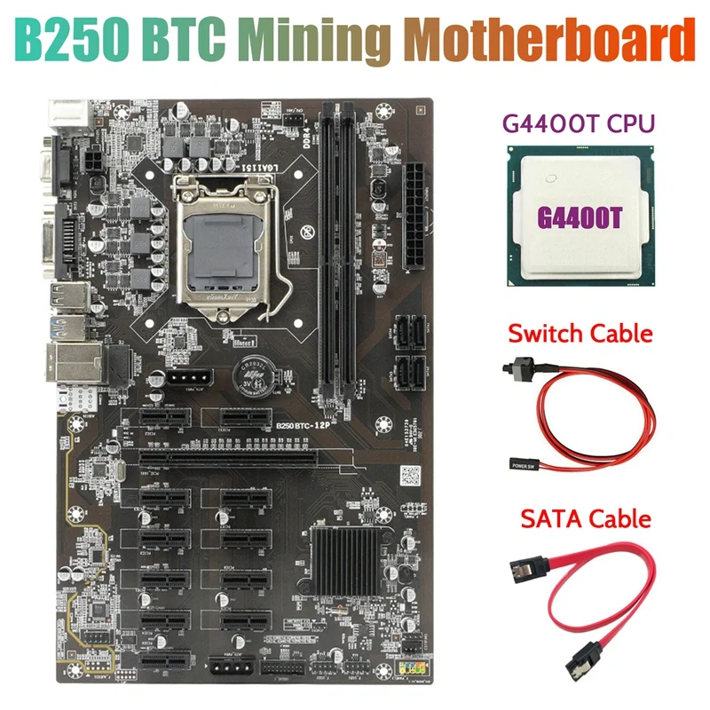 

Материнская плата для майнинга B250 BTC с процессором G4400T + кабель переключения + кабель SATA 12 слотов для графической карты LGA 1151 DDR4 для майнинга ...