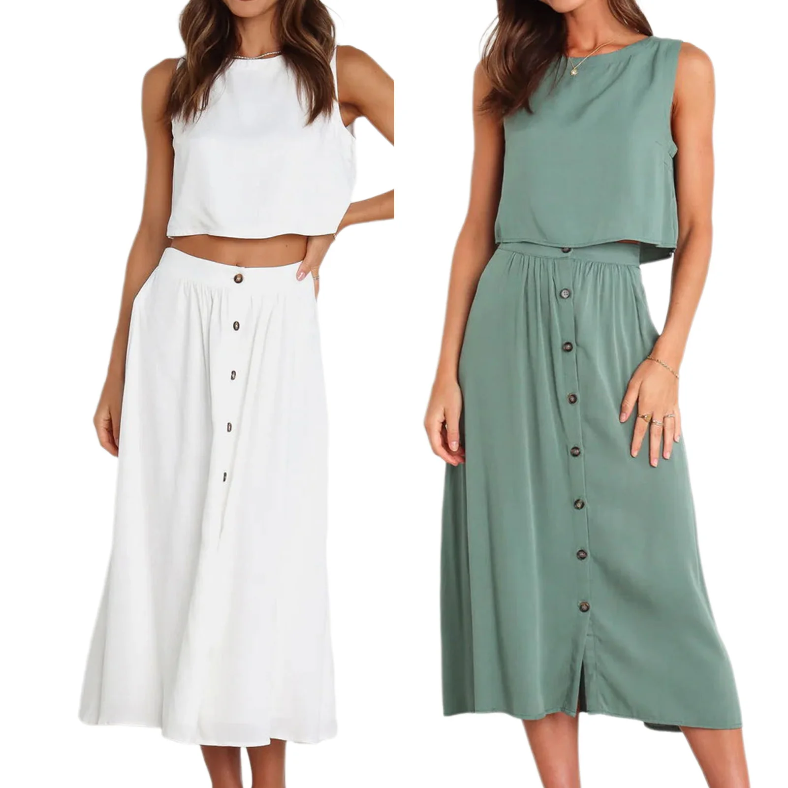 

Summer Solid Vintage 2 Piece Suit for Women O-Neck Sleeveless Single Breasted with Pocket Dress Suit Fashion Commuting Outfits