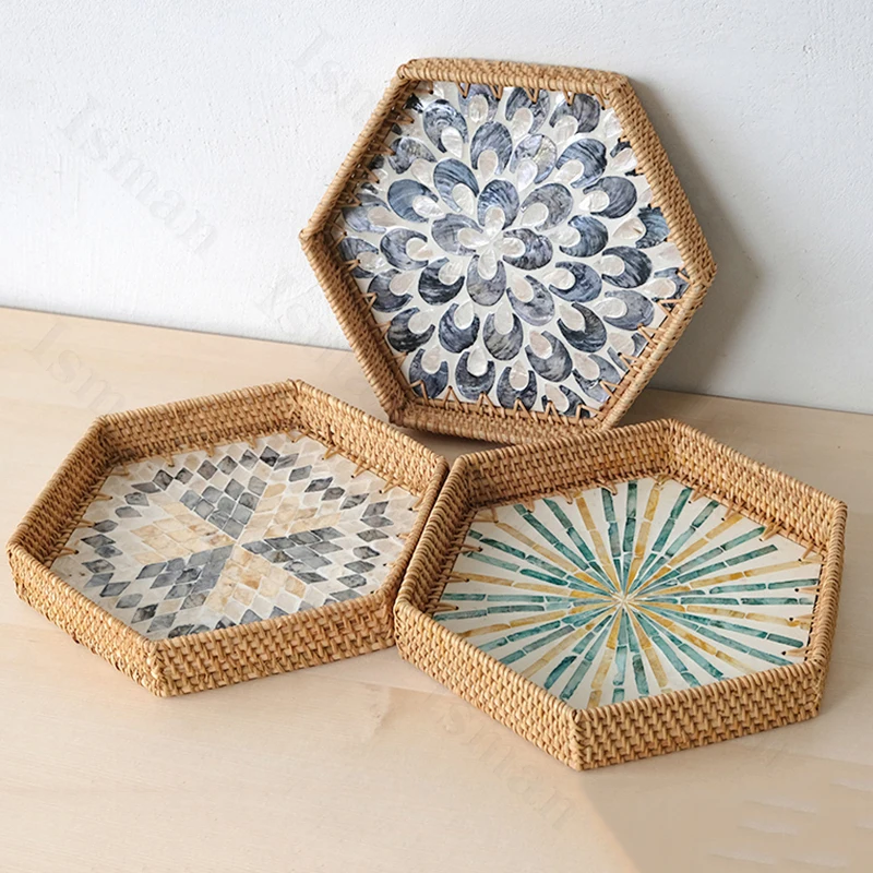 

Creative Shell Hexagon Tray European Natural Caibei Autumn Rattan Weaving Coffee Table Living Room Decoration Trays Decorative