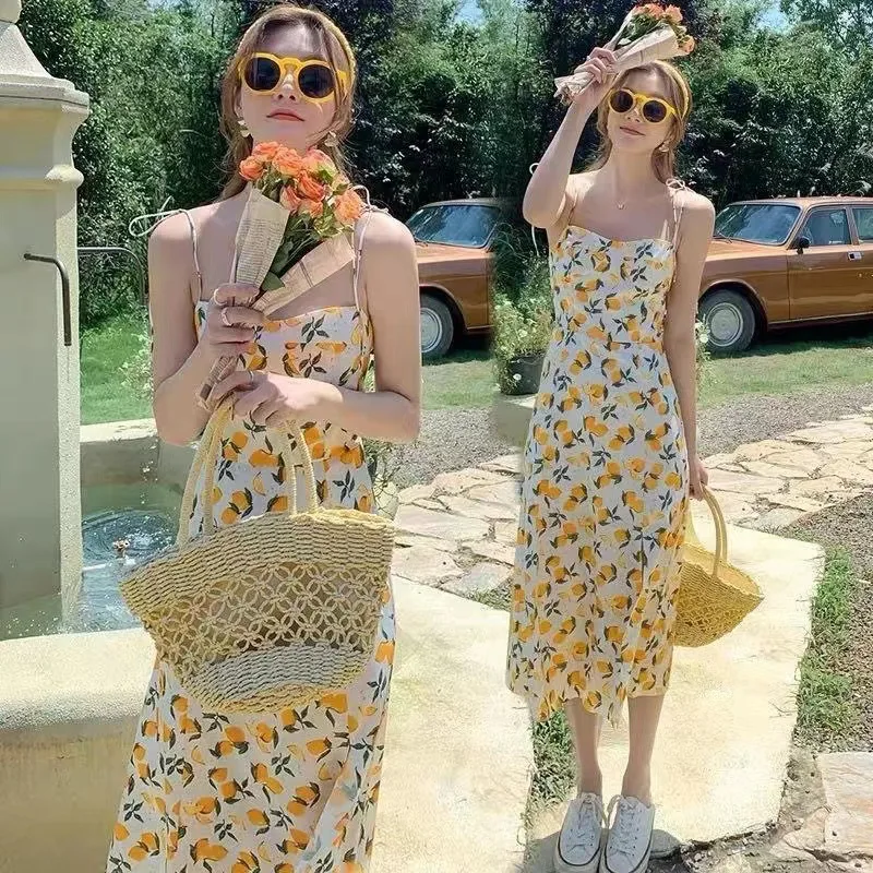 

2022 women's summer new holiday dress sling print mid-length slit beach dress