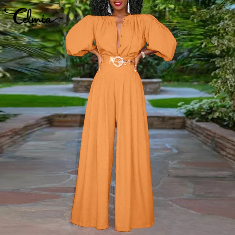

Celmia Fashion 2022 Women Jumpsuits Casual 3/4 Puff Sleeve Long Rompers Elegant Pleated O-neck Buttons Wide Leg Pants Overalls