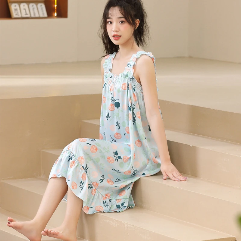 2023 New Pajamas for Women's Students Summer Ice Silk Nightgowns Cute Style Breathable and Casual Sleepwear Can Be Worn Outside
