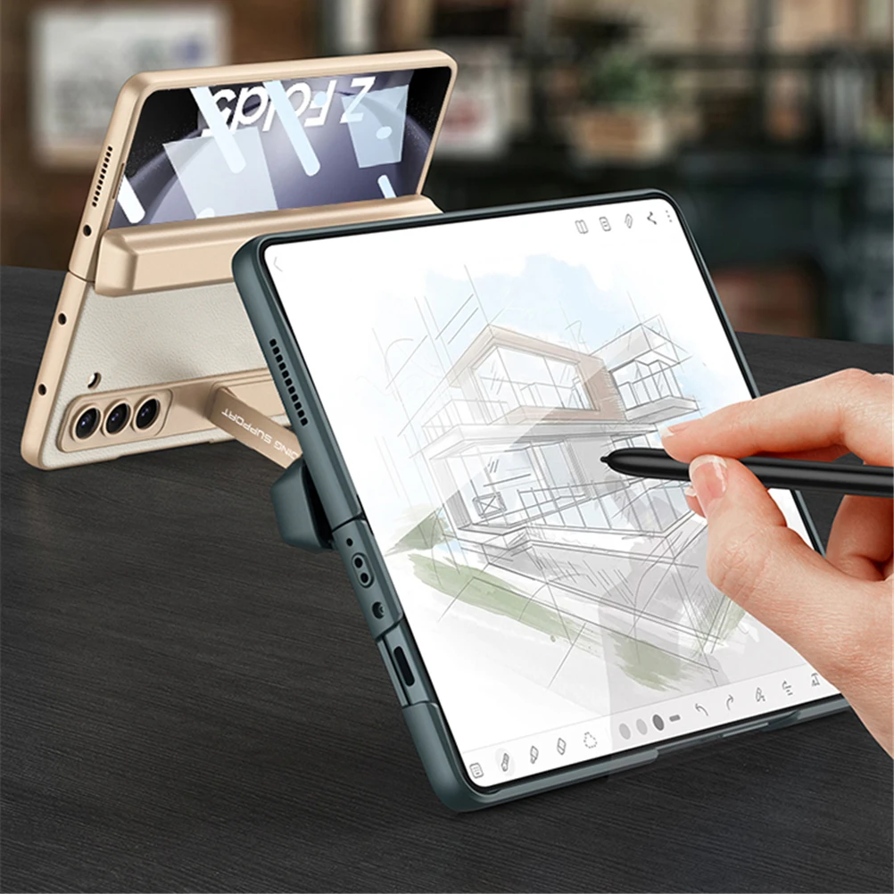Hidden S Pen Holder Cover for Samsung Galaxy Z Fold 5 Fold5 Case Magnetic Hinge Leather Skin Hard PC Kickstand with Glass Film