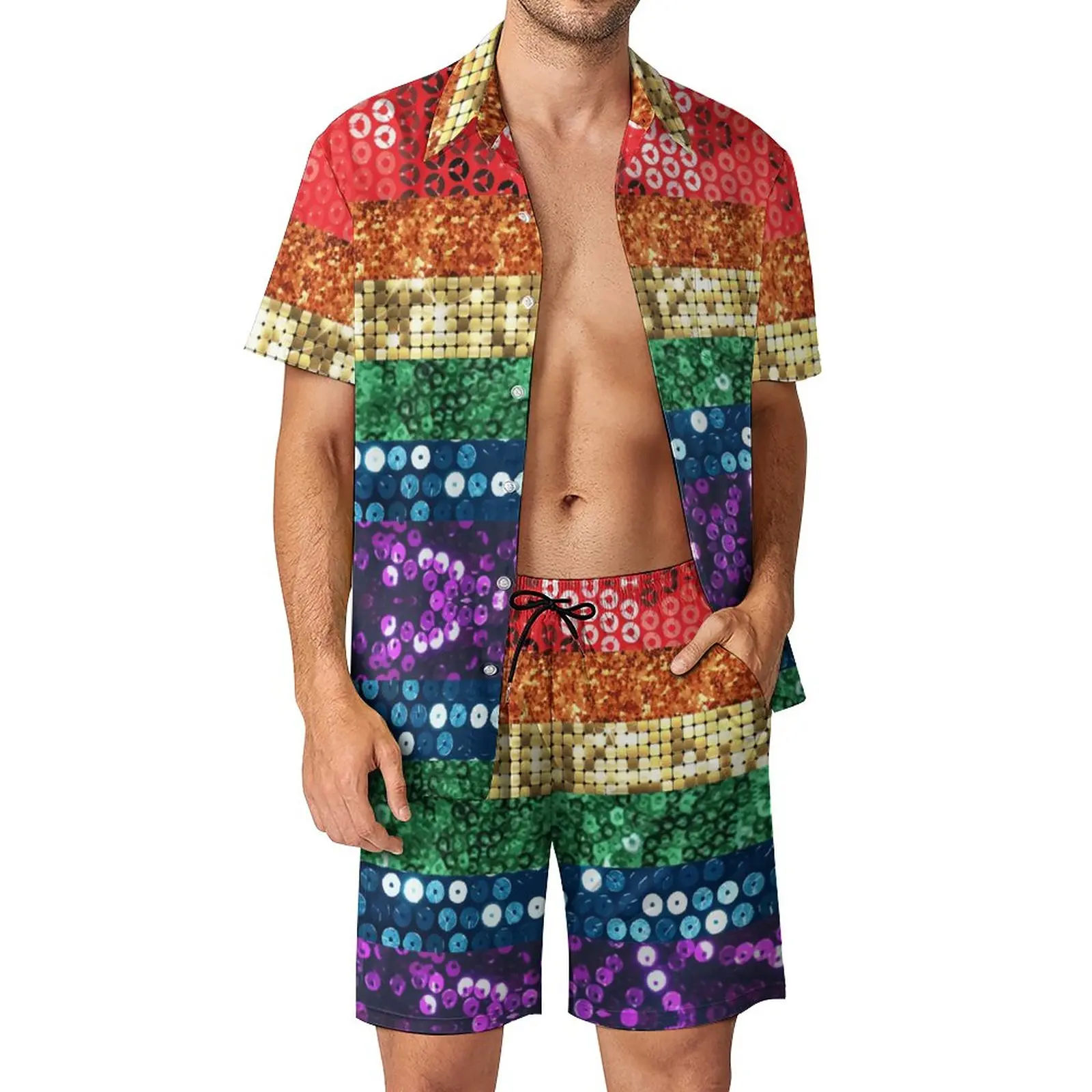

2 Pieces Suit Sequin Pride Flag Vintage Men's Beach Suit Funny Shopping USA Size