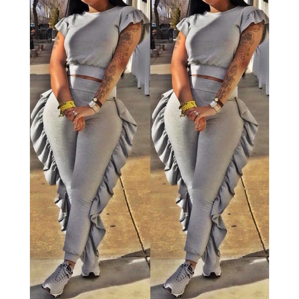 Elegant Women Ruffle Hem Short Sleeve Top & High Waist Skinny Pencil Pants Set Two Pieces Suit Set Sexy y2k Clothes Korean Style