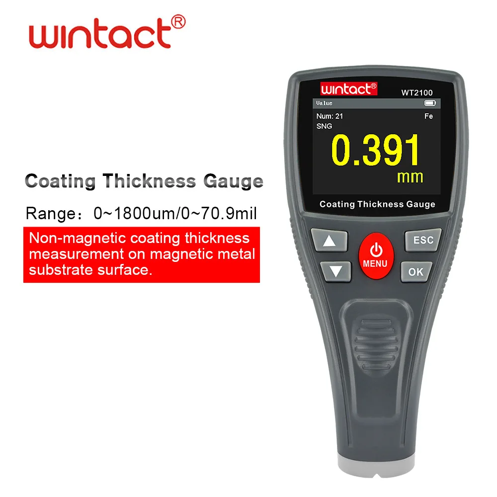 

Xin Tester WT2100 Color Screen Portable Coating Thickness Gauge Automatically Identify Magnetic Metal Substrate And Non-magnetic
