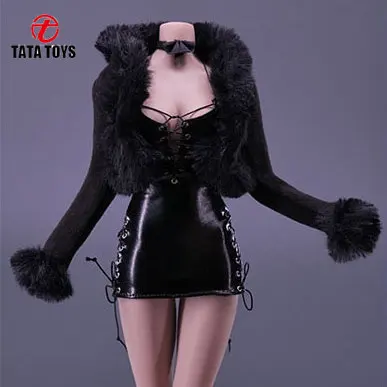 

VSTOYS 22XG93 1/6 Scale female dolls clothes Sexy Black Fur Coat Lace-up Dress Suit fit 12'' action figure body model