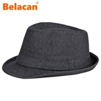 men jazz hat cotton retro denim fedora spring summer hat for women male gentleman derby trilby cap adult classic panama blue hat