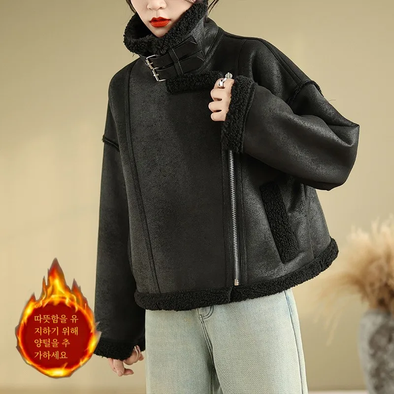 Leak-Picking ~ Design Sense Motorcycle Clothing Fur Integrated Short Berber Fleece Outerwear Women Winter Leather Coat Jacket...