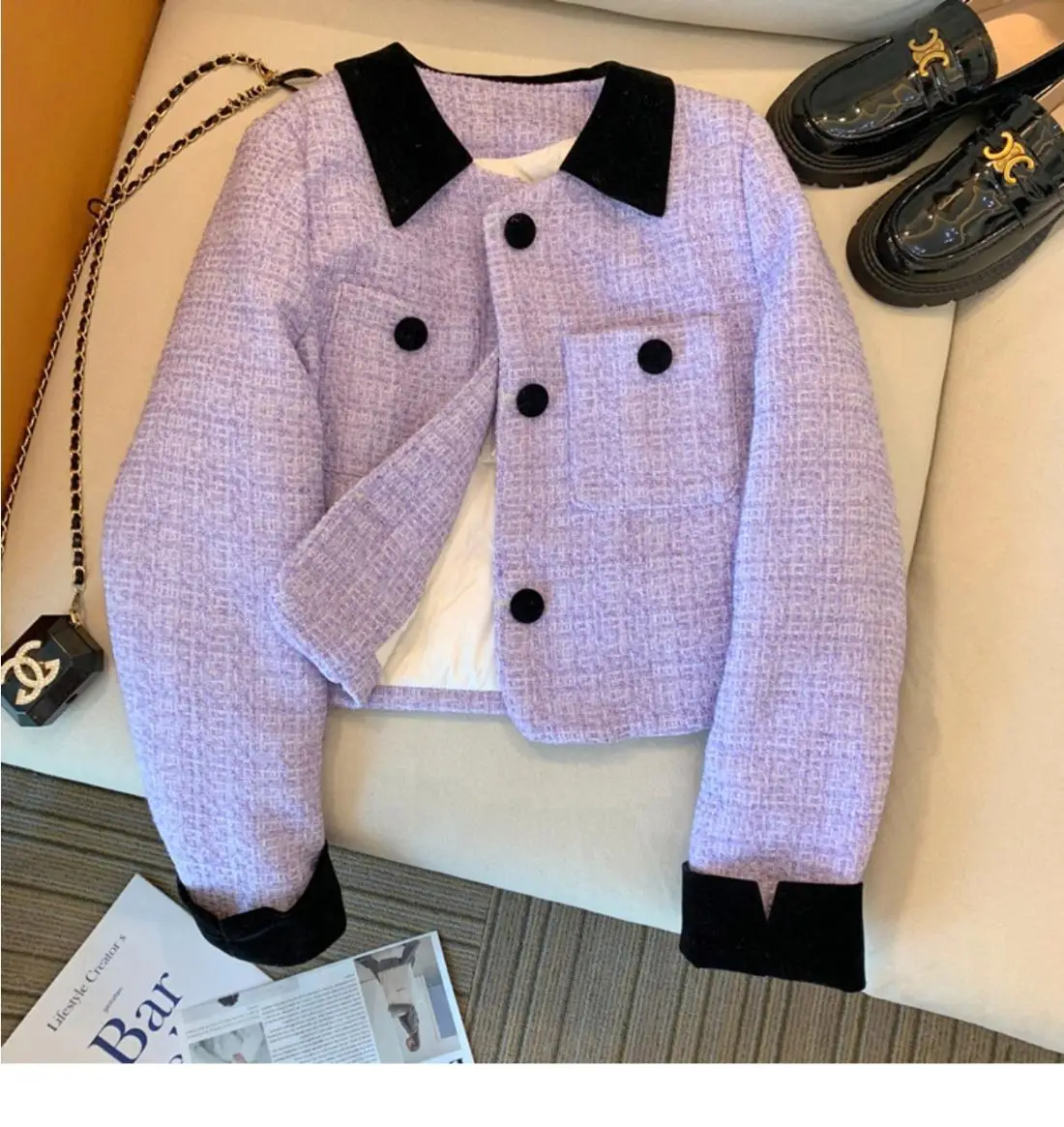 

Short Purple Fashion Suit Coat Women's Spring Autumn Short 2023 New Tweed Slim Fit Blazers
