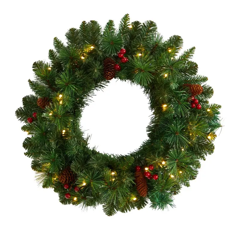 

Green Frosted Artificial Christmas Wreath with Pinecones, Berries Prelit 35 Warm White LED Lights Adornos de navidad Inflables d