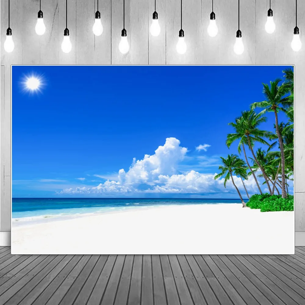 

Sunny Cloudy Blue Sky Sea Beach Scenic Photography Backgrounds Summer Holiday Tropical Seaside Palm Trees Party Photo Backdrops