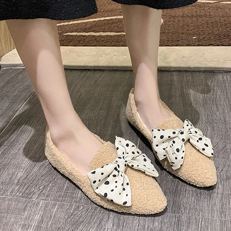 Women Winter Curly Sheep Loafers Plush Cotton Shoes Casual Fuzzy Designer Luxury Lambswool Bowknot Mocasines Flat Shoes