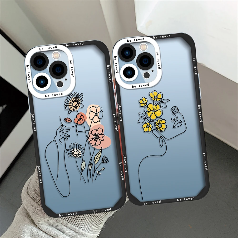 

Flower Art Face Line Soft TPU Phone Case for iPhone 14 13 11 12 Pro Max Mini XS XR X 7 8 Plus Shockproof Back Cover Clear Fundas