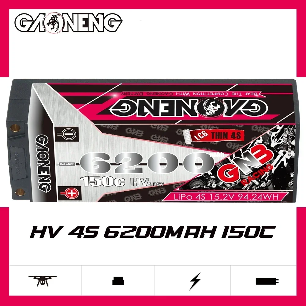 

Gaoneng GNB 4S1P 6200mAh 15.2V 150C HV LCG Thin 4S Hardcase 5.0mm LiPo Battery Pack XT90 Plug For 1:8 1/8 RC Car Level Running