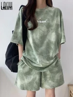 green shorts set t shirt for women tie dyed top loose outfits 2022 cotton summer two piece suits tracksuit casual matching sets