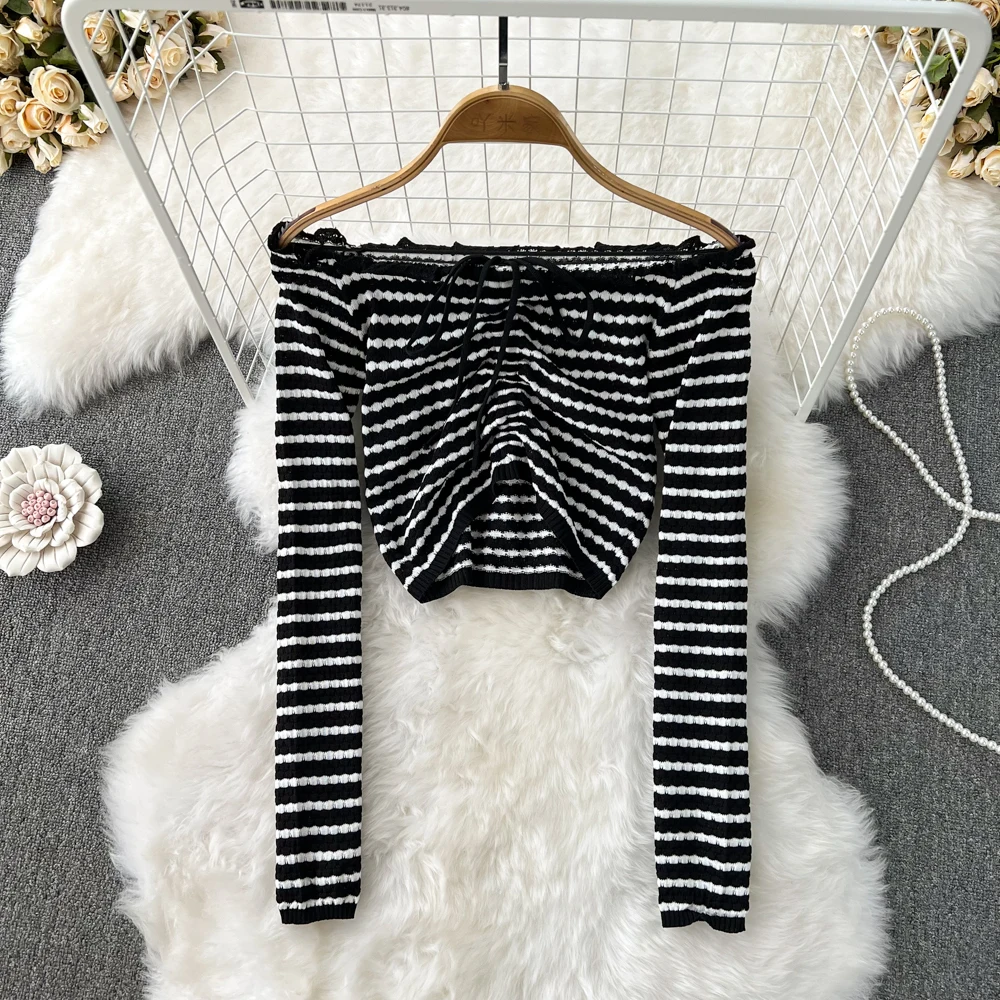 

Spice Girl Drawstring Pleated Neckline Shoulder Bare Shoulder Long Sleeve Slim Striped Knit Casual Cropped Top